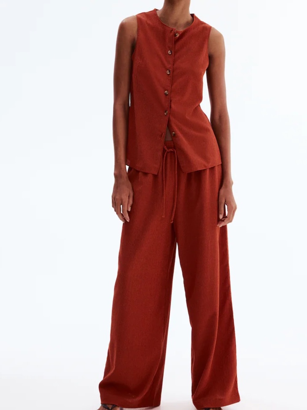 H&M 2 pc set L NEW-sleeveless button up top Wide-Leg Drawstring Pants Rust Red